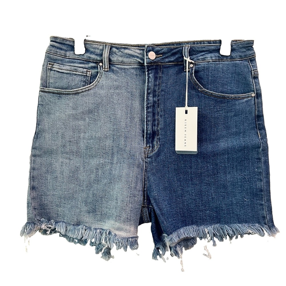 Risen Jeans High Rise Two Tone Shorts Womens Blue 2XL Stretchy Raw Hem NEW!